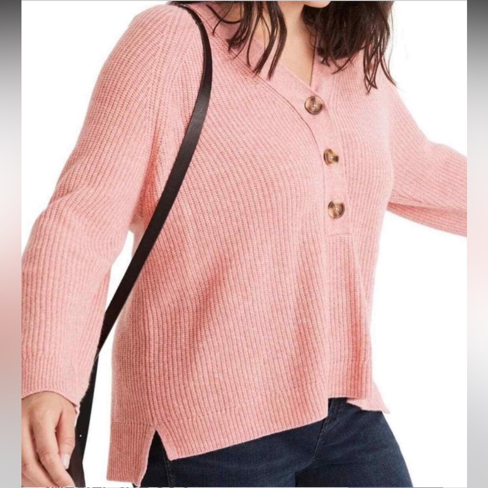 Madewell Merino Wool Pink V-Neck Sweater with Button Details